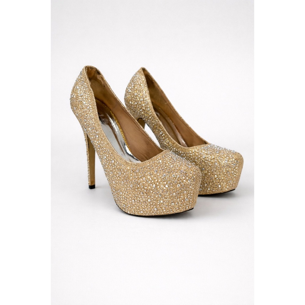 Eye Candie Gold Rhinestone Platform Heels Size 8 Glam Stiletto‎ Pumps